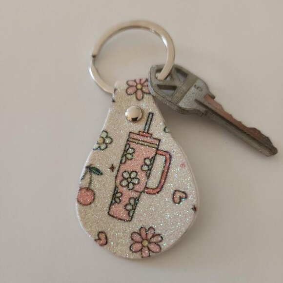 Coquette Floral Glitter Faux Leather Keychain Bag Charm - Picture 4 of 8